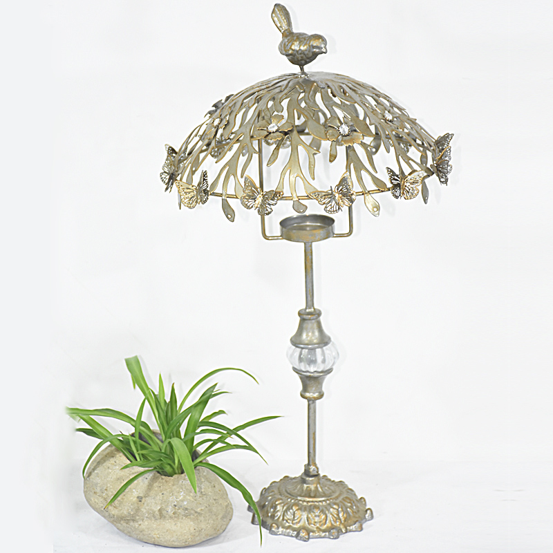 Antique Brass Look Standing Metal Umbrella Tea Light Candle Holder with Bird