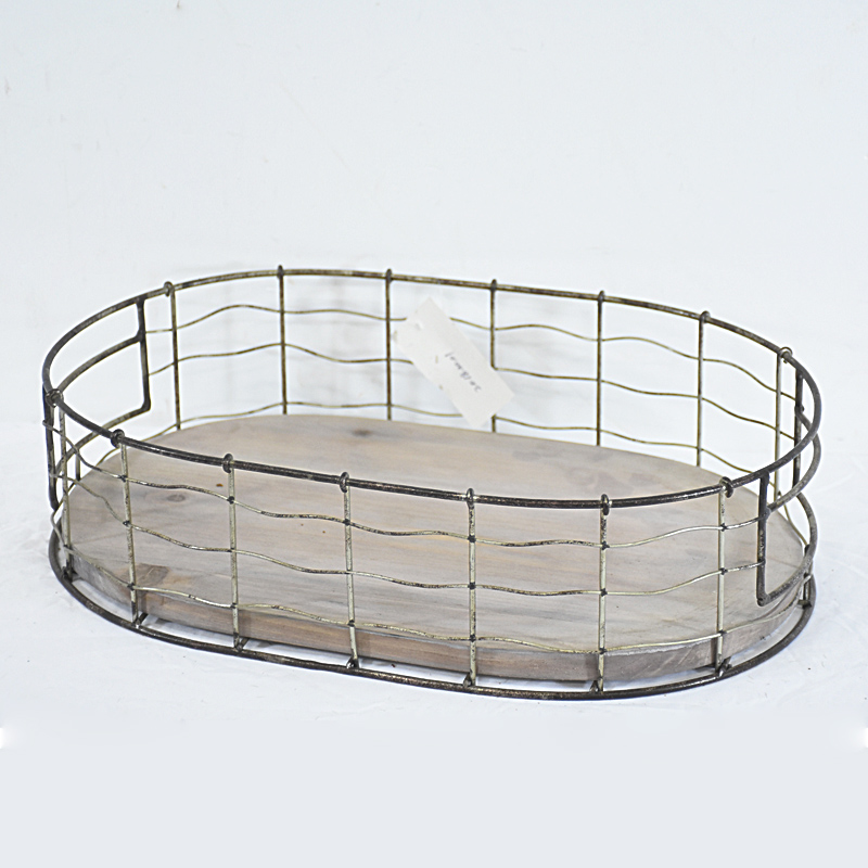 Europe simple wood and metal wire storage basket for kitchen organization