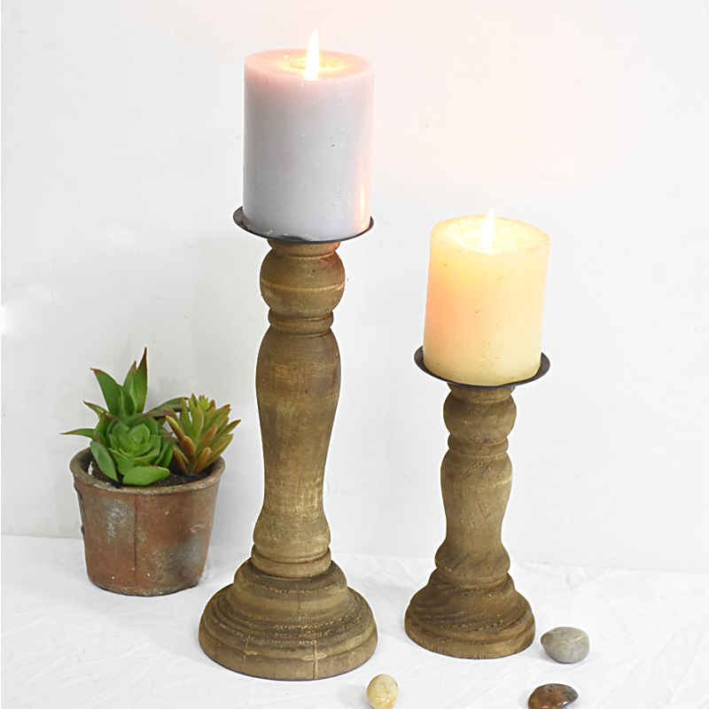 Beach Home Turquoise Rustic Wooden Pillar Candle Holders