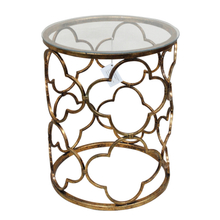 Shabby Chic Antique Gold Lattice Cut Out Metal Drum Table with Glass Top
