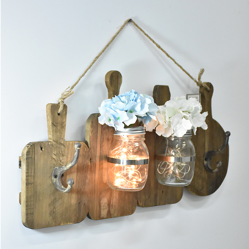 Rustic Reclaimed Barn Cuting board wood signs With A Lighted Glass Jar Vase