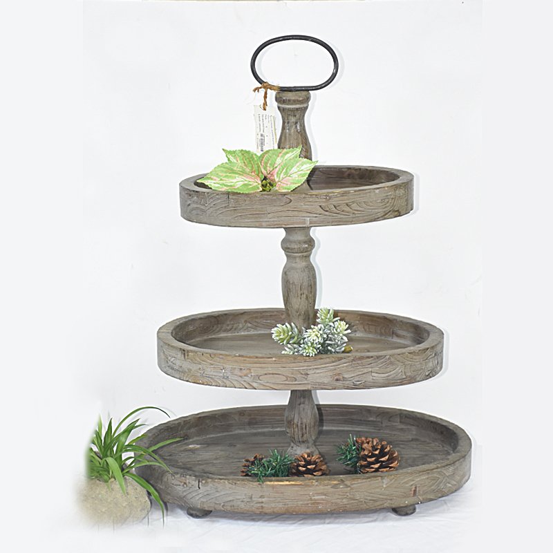 Vintage Rustic Framhouse round 3-Tier Wooden Tray