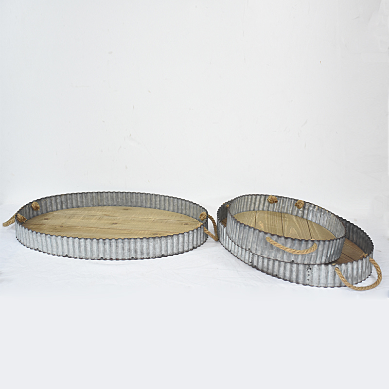 Vintage Rustic Round Zinc And Wood Serving Tray Set