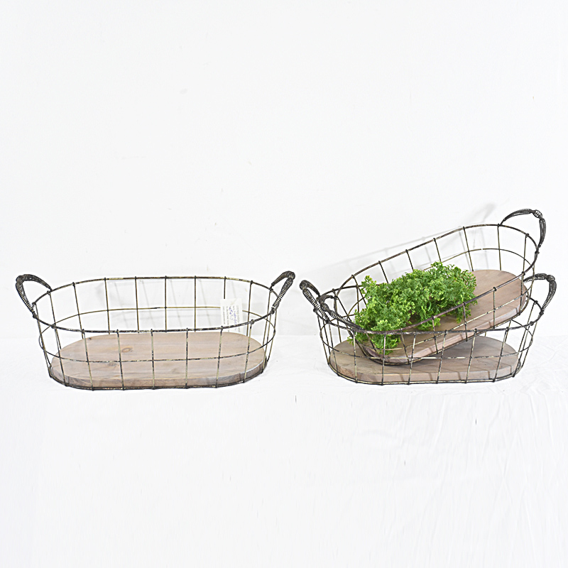 wholesale vintage Handy Oval Shaped wood and metal Wire Basket