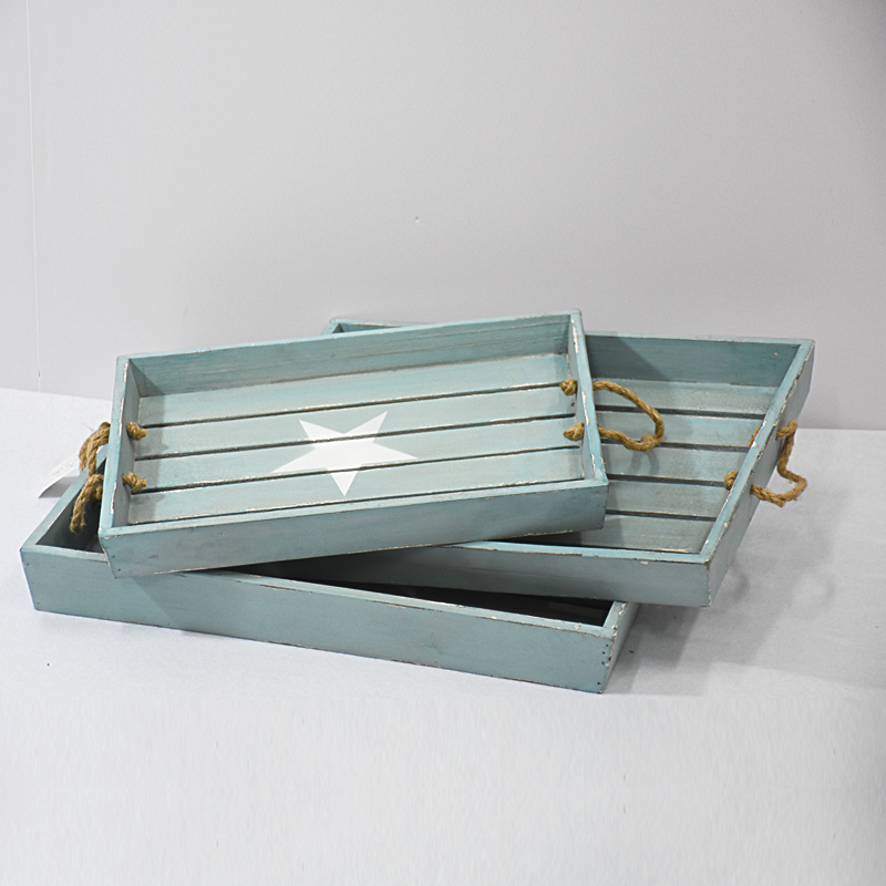 vintage rustic blue wooden serving tray with Hemp rope