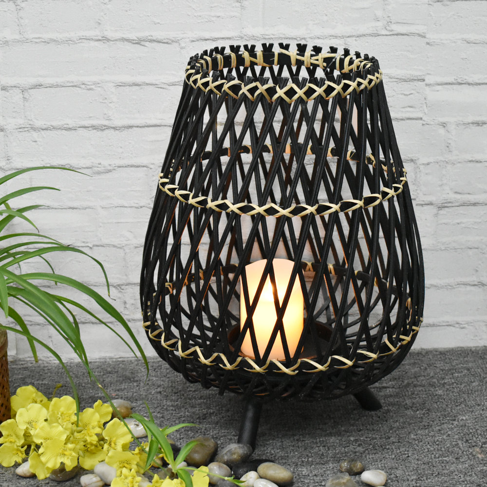 Luckywind Rustic Linterna Accessory Bamboo Black Reestanding Candle Lantern Holder Light Lantern