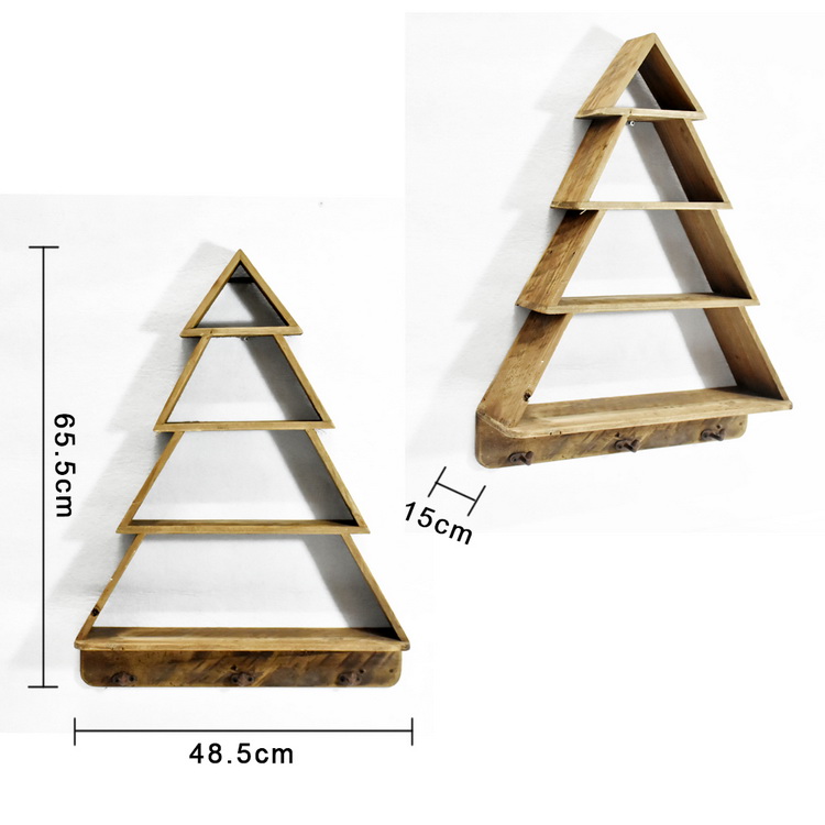 4 Tier Christmas Tree Shape Reproduction Furniture Wooden Wall Shelf Floating, Farmhouse Style Rustic Floating Shelf With Hook 