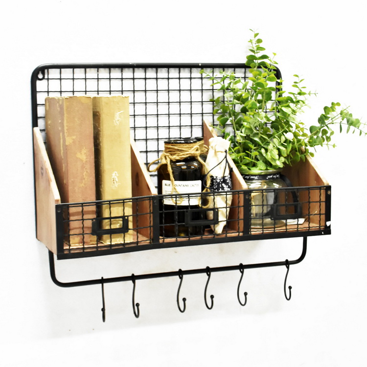 Luckywind Rustic Antique Decorative Wire Back Floating Wooden Wall Mounted Display Metal Coat Rack Wall Shelf with Hooks 